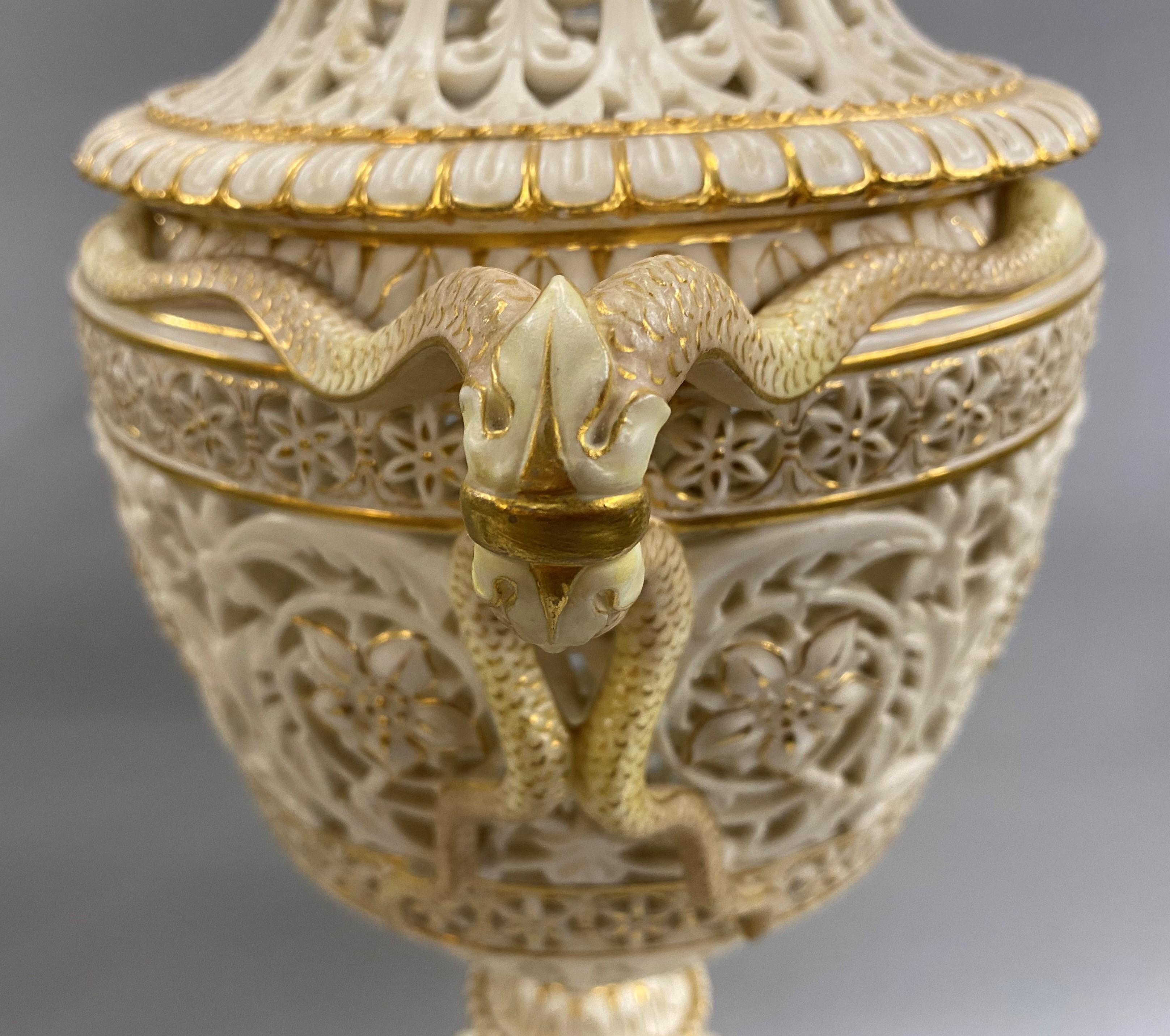 English Grainger Royal Worcester Gilt Ivory Porcelain Reticulated Urn 3
