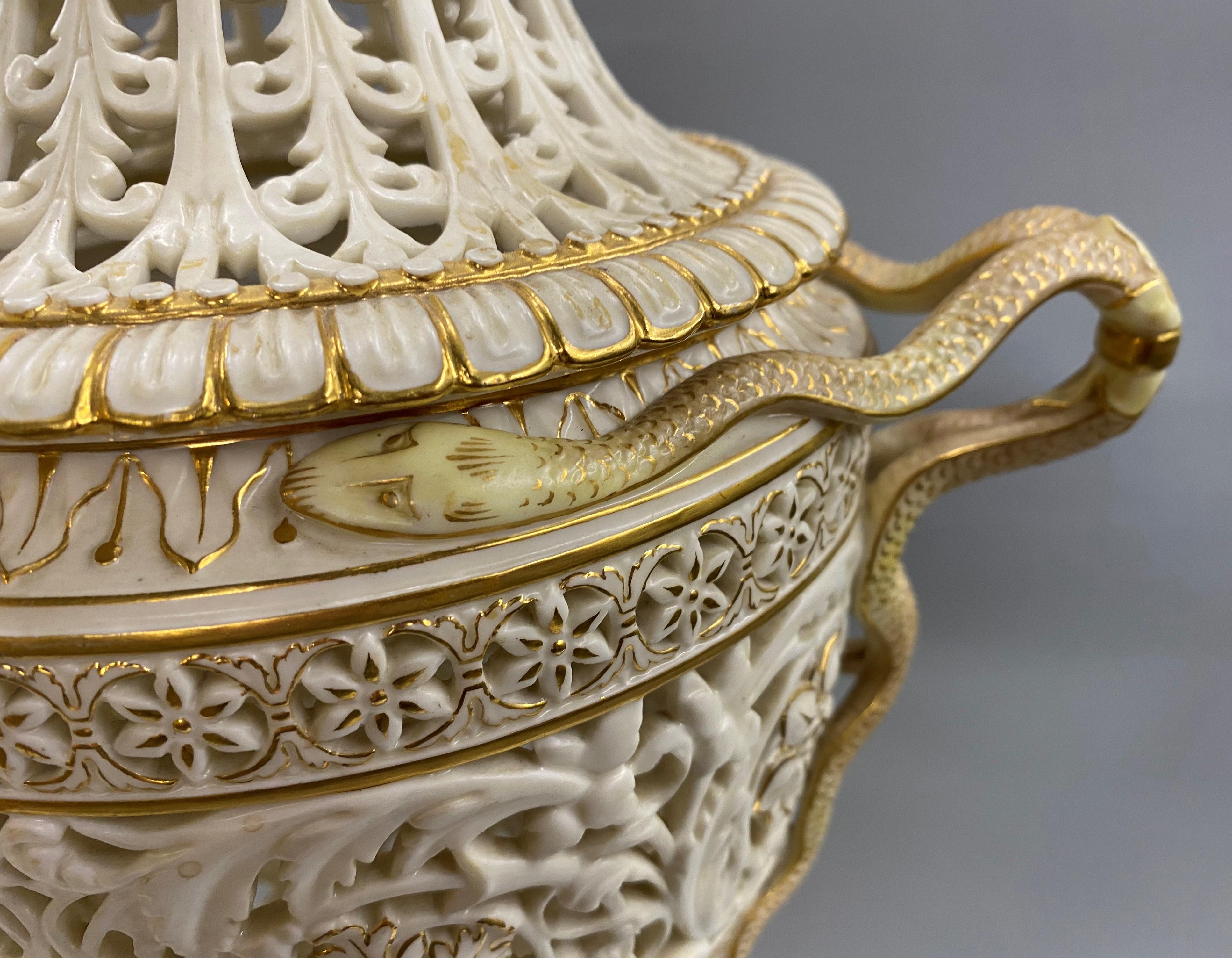 English Grainger Royal Worcester Gilt Ivory Porcelain Reticulated Urn 5