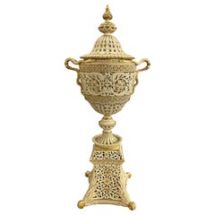 English Grainger Royal Worcester Gilt Ivory Porcelain Reticulated Urn