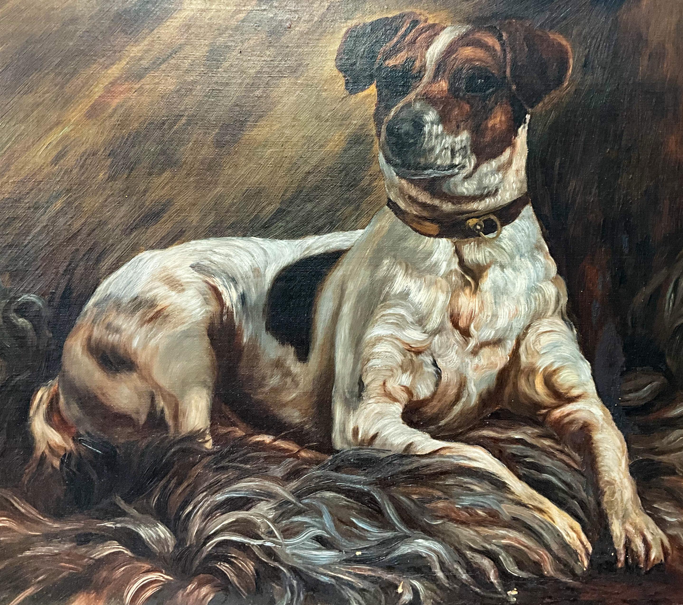 This is a late 19th century English Victorian Jack Russell Terrier dog oil on canvas. It is nicely framed in a silver gilt frame with a nice gold leaf trim. It is unsigned as far as I can see, and it is in very good condition.