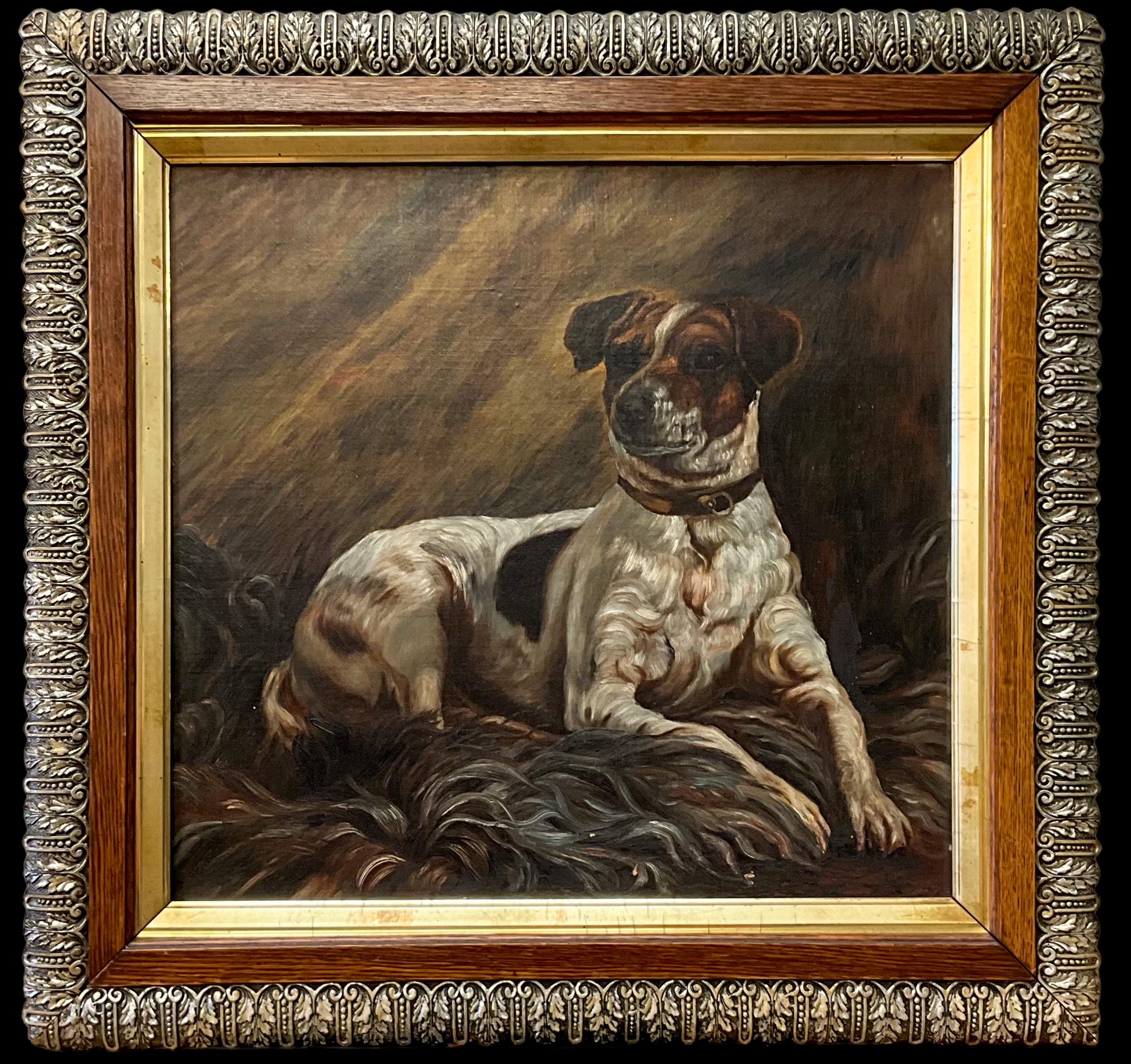 19th-C. English Hunt Jack Russell Terrier Dog Oil on Canvas In Giltwood Frame  For Sale 1