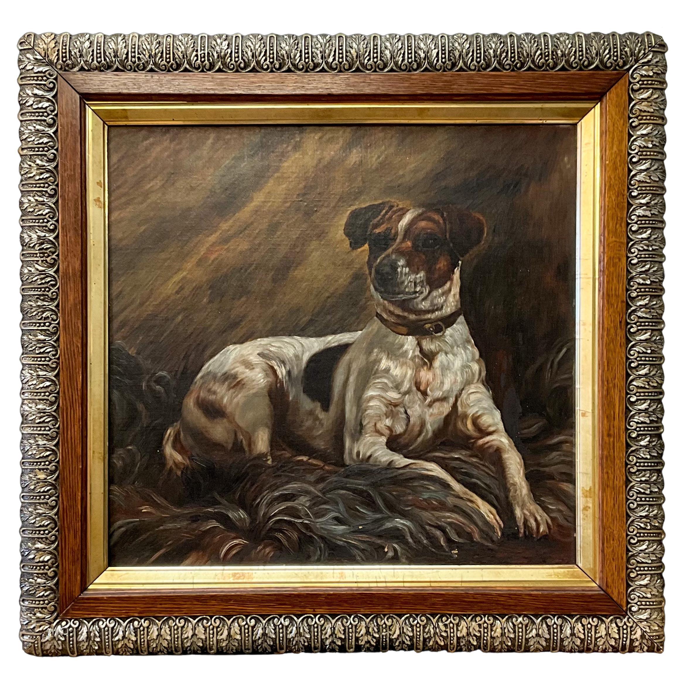 19th-C. English Hunt Jack Russell Terrier Dog Oil on Canvas In Giltwood Frame 