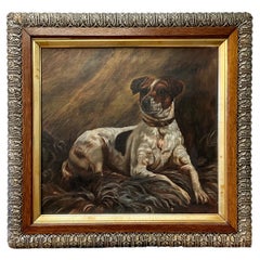 XIX sec. Cane Jack Russell Terrier da caccia inglese Olio su tela con cornice in legno dorato