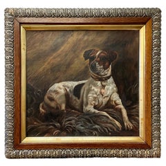 Antique 19th-C. English Hunt Jack Russell Terrier Dog Oil on Canvas In Giltwood Frame 