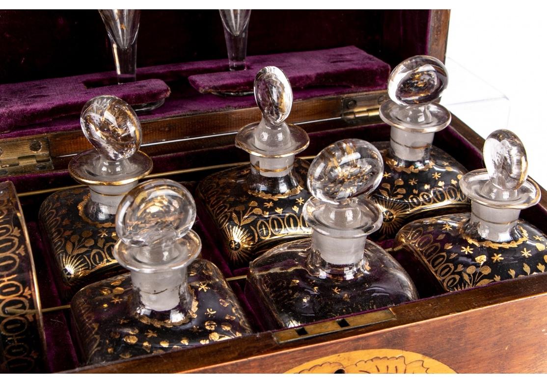 19th Century English Inlaid Mahogany Tantalus Decanter Set 6