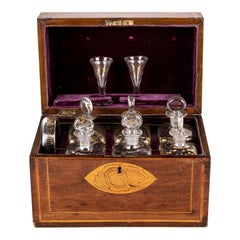 Antique 19th Century English Inlaid Mahogany Tantalus Decanter Set