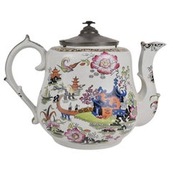 Antique 19Th. C. English Ironstone Chinoiserie Oversized & Pewter Lid Tea Pot