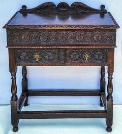 19th-C. English Jacobean Carved Oak Slant Top Writing Desk