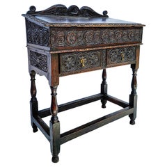 19th-C. English Jacobean Carved Oak Slant Top Writing Desk