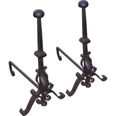 19th c. English Knob Finial Scrollwork Andirons