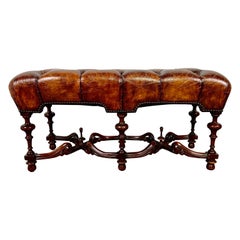 19th C. English Leather Tufted Bench