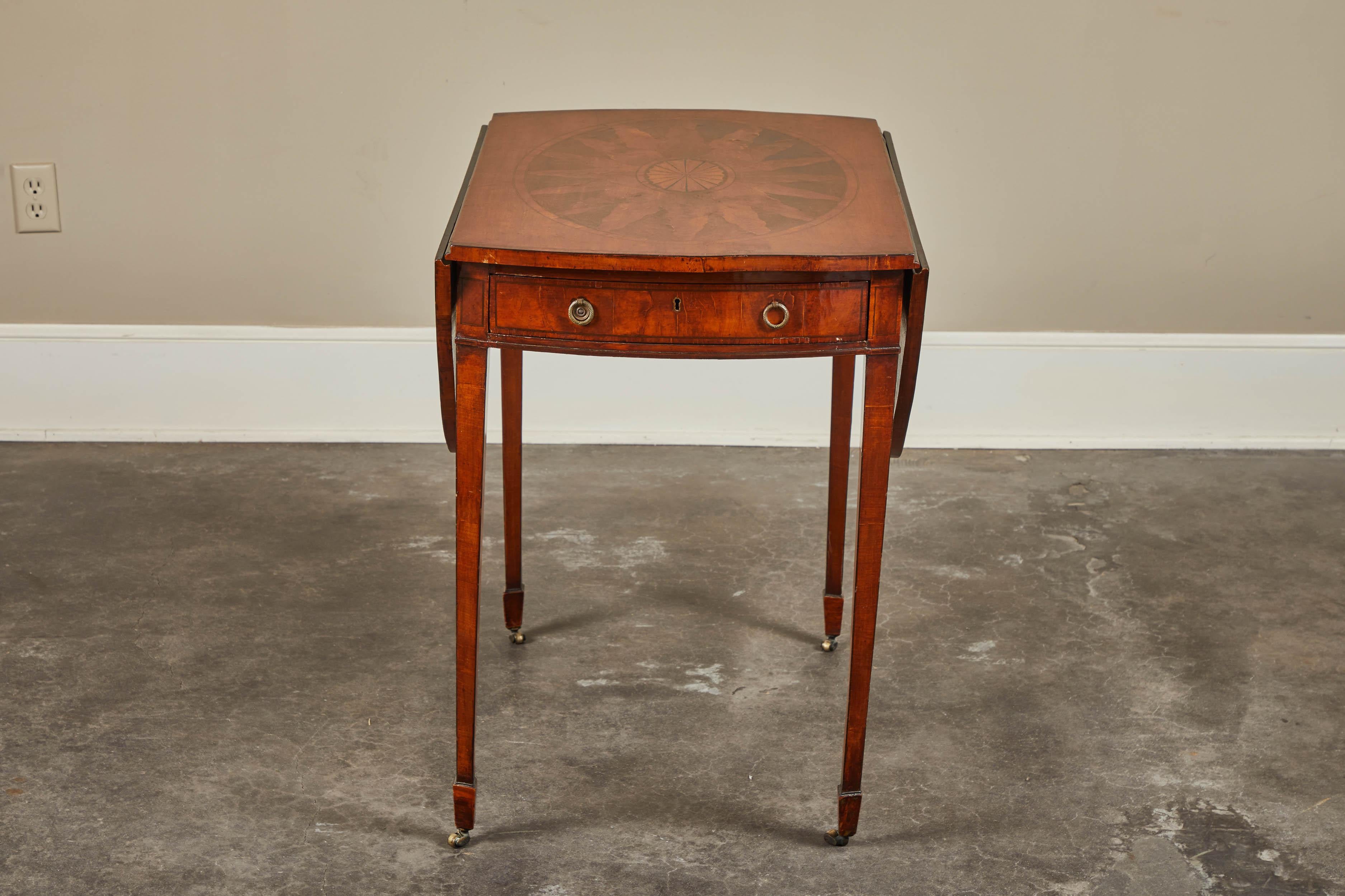 19th Century English Mahogany George III Pembroke Table W/Inlaid Fan & Sunburst W/Dra For Sale