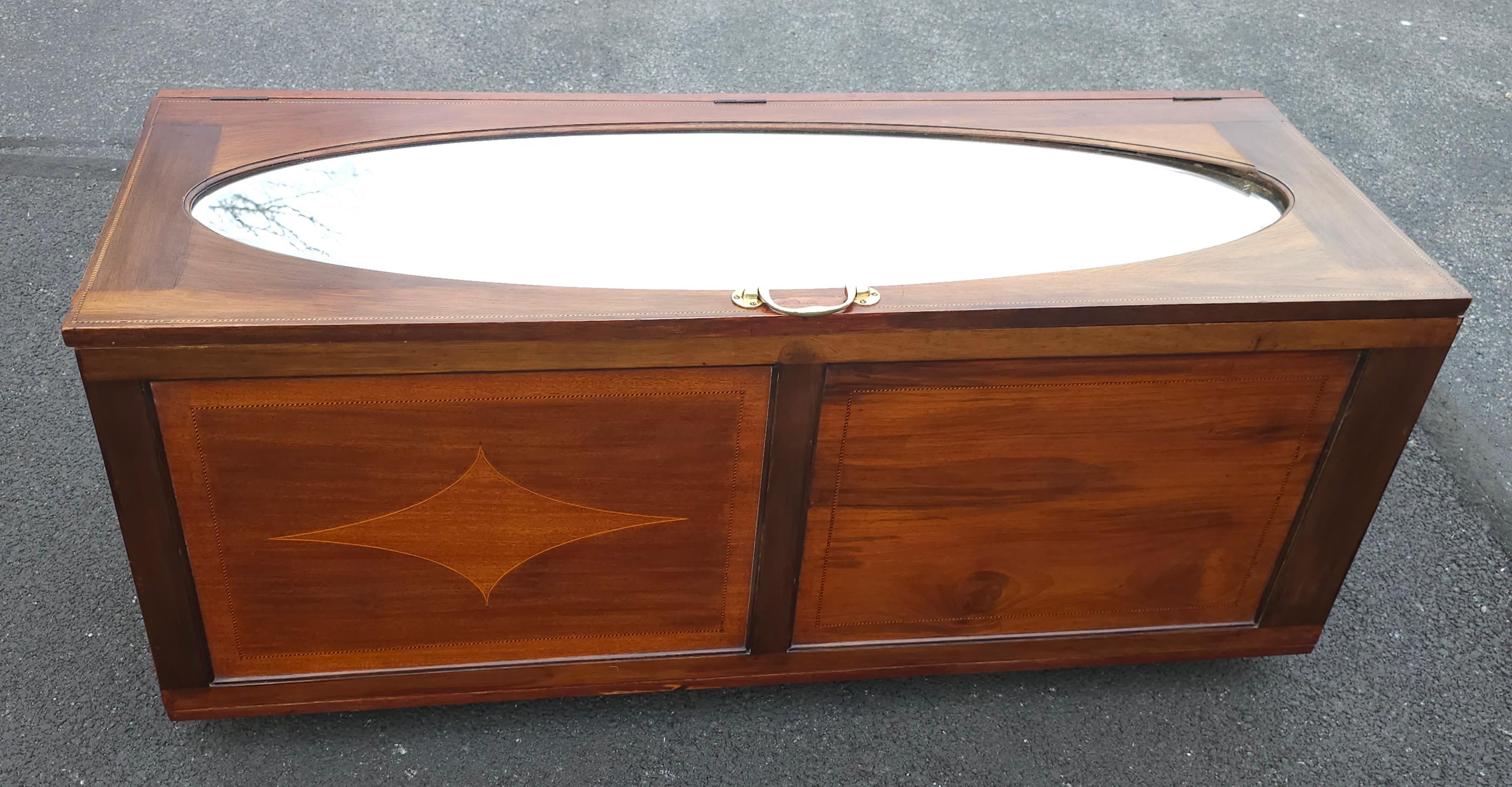 19th C. English Mahogany Marquetry Inlaid & Mirrored Top Blanket Chest on Wheels For Sale 5