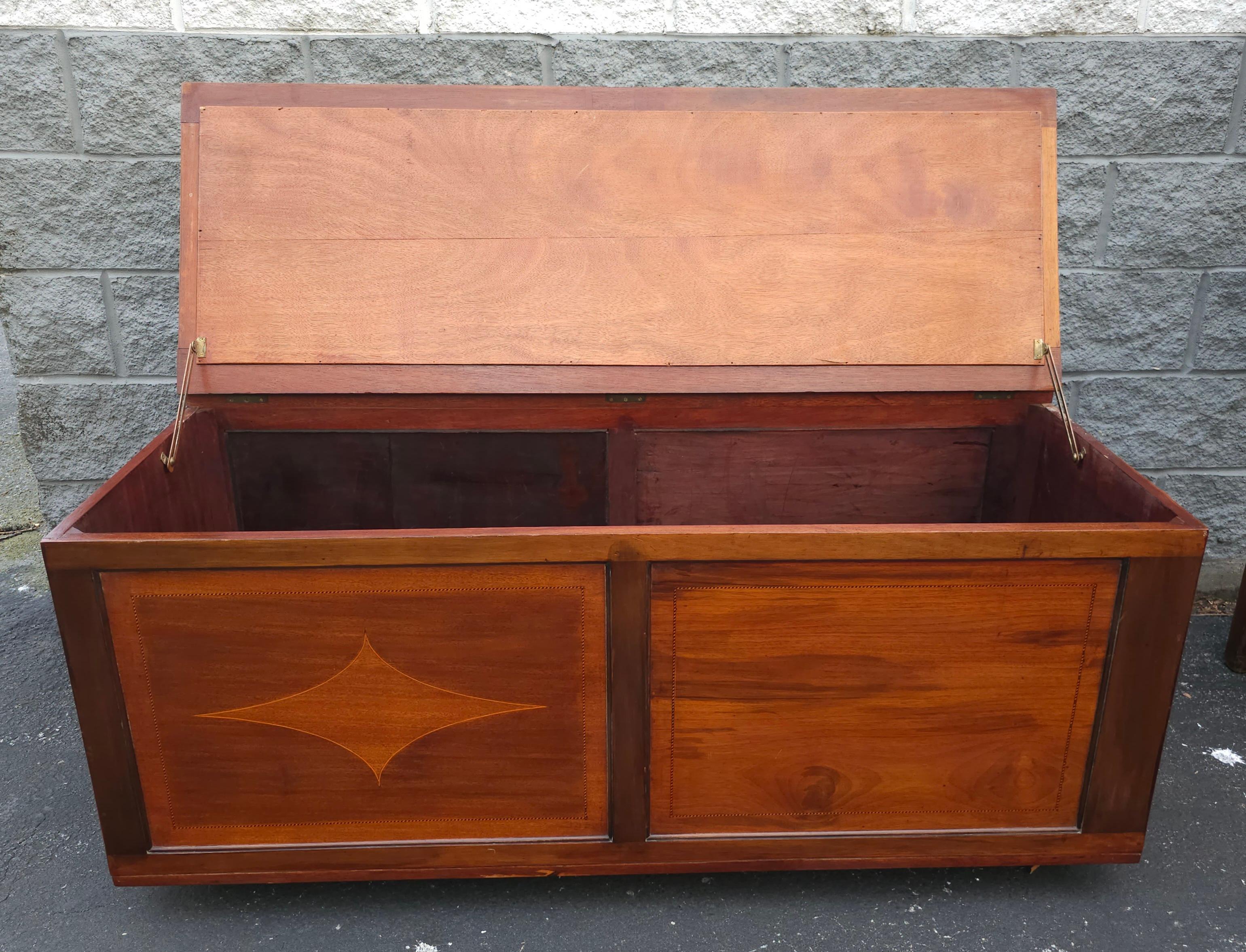 American 19th C. English Mahogany Marquetry Inlaid & Mirrored Top Blanket Chest on Wheels For Sale