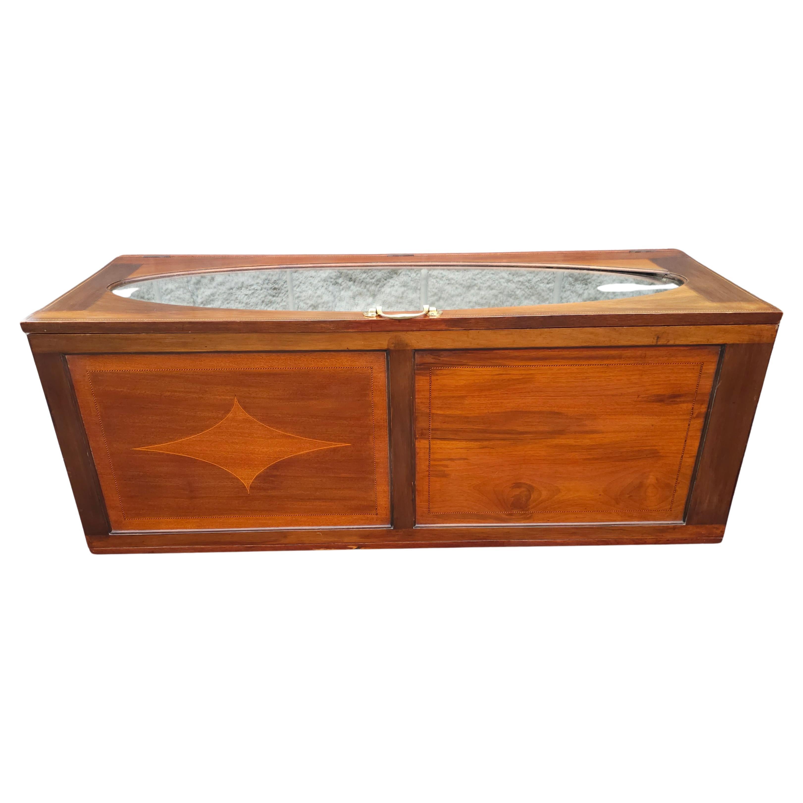 19th C. English Mahogany Marquetry Inlaid & Mirrored Top Blanket Chest on Wheels For Sale