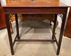 19th c English Mahogany Tea Table with Fretwork and Burled Yew Wood Top