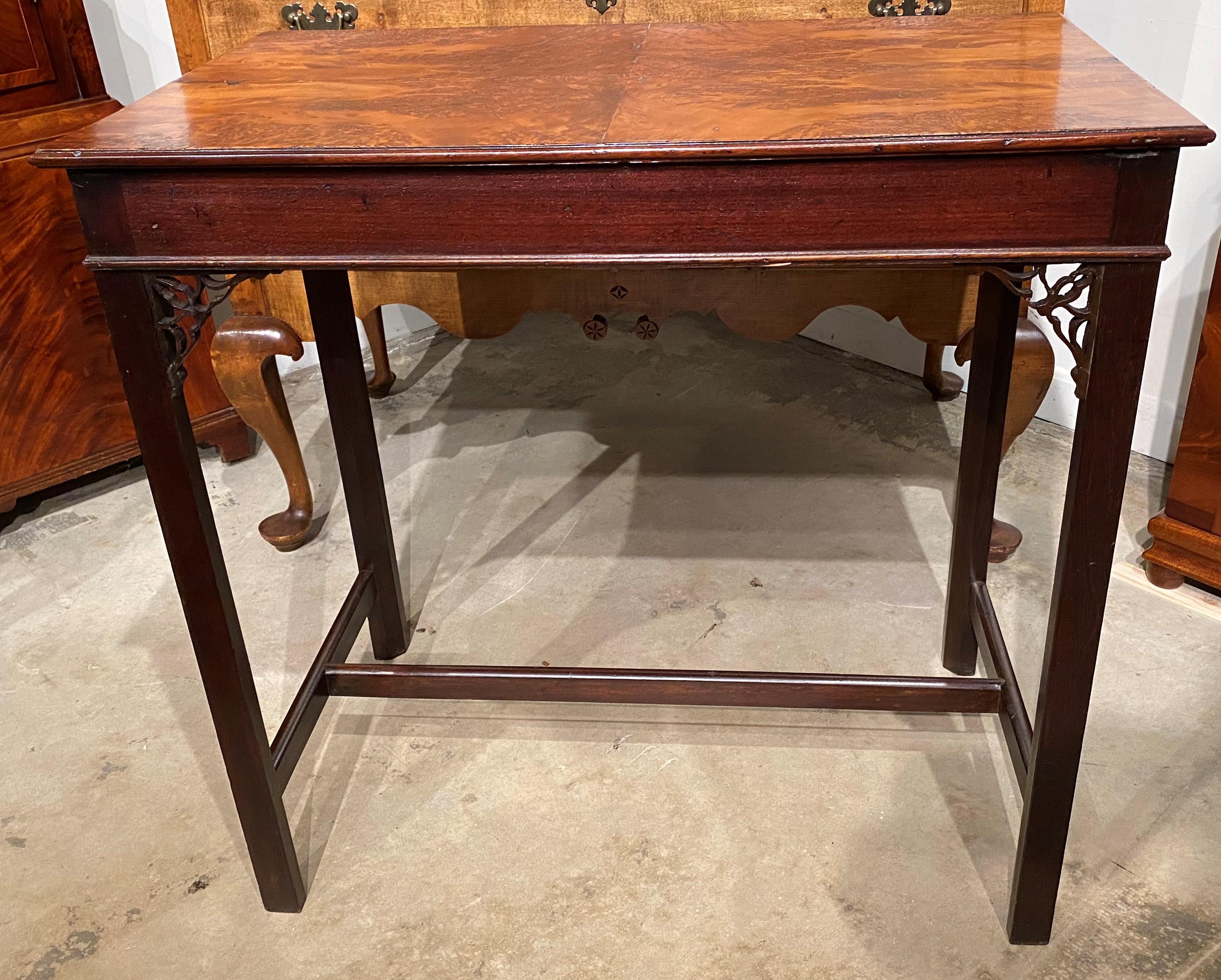 19th c English Mahogany Tea Table with Fretwork and Burled Yew Wood Top For Sale 3