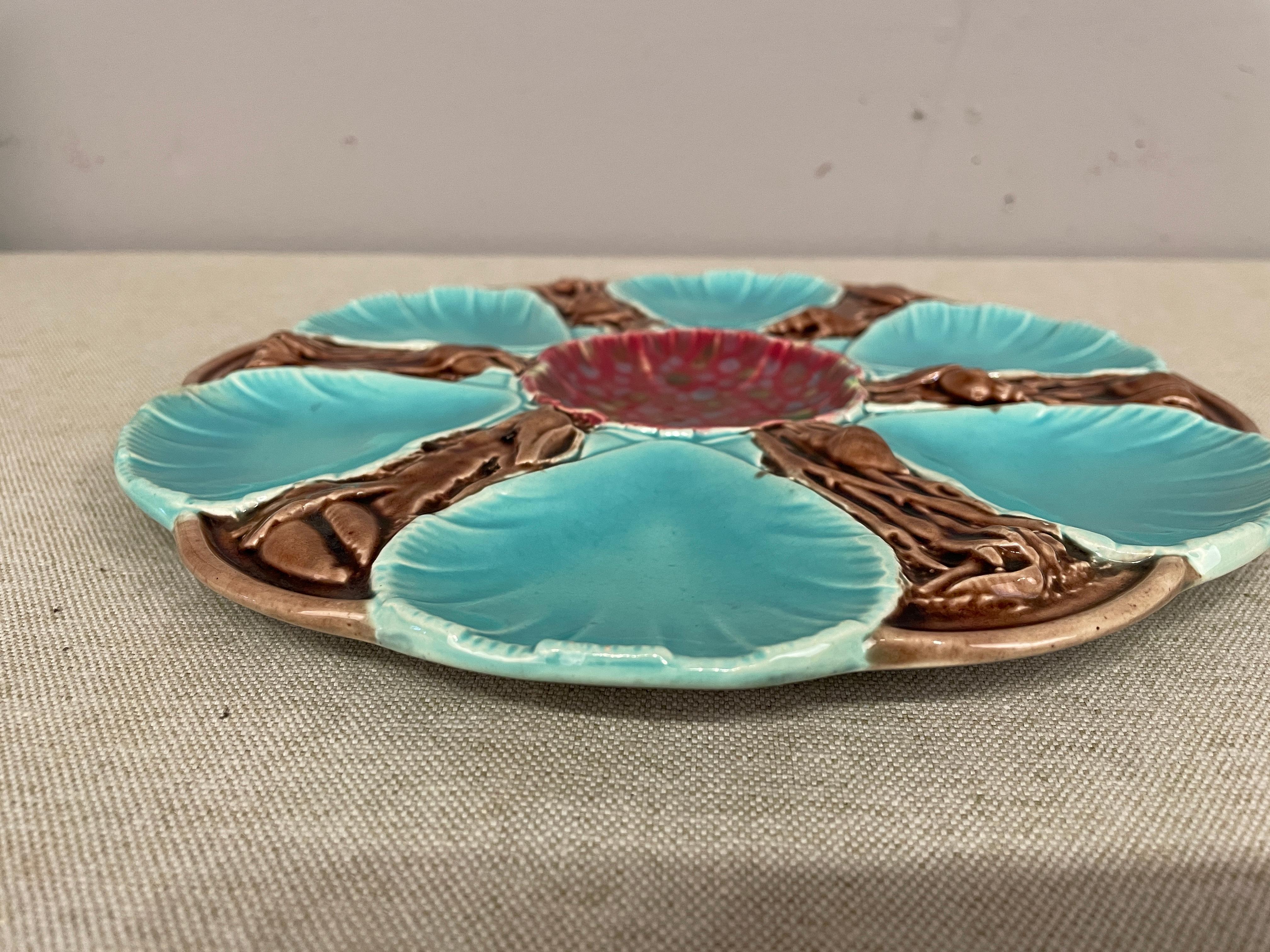 19th C. English Majolica 6 Wells Oyster Plate For Sale 5