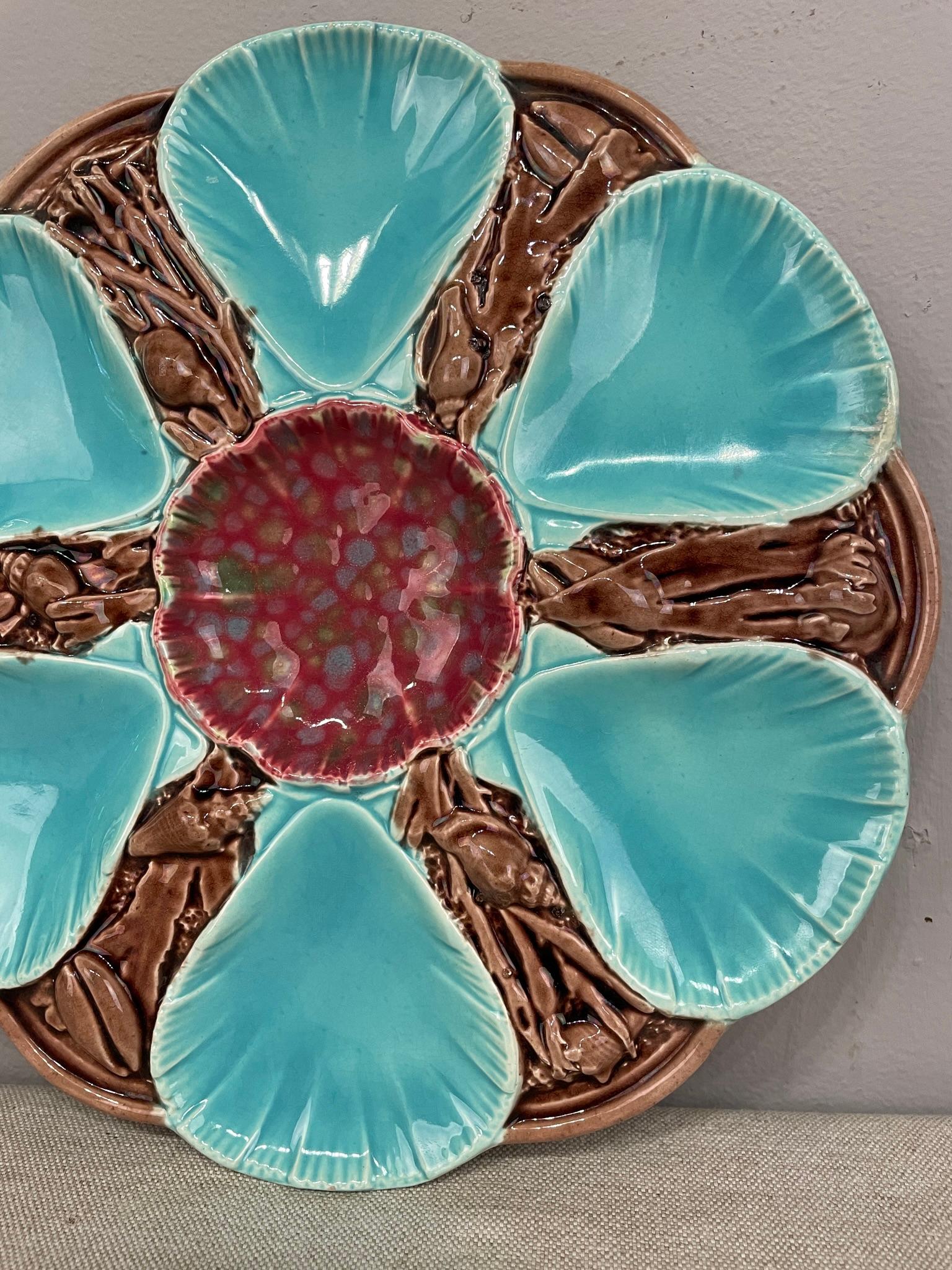 20th Century 19th C. English Majolica 6 Wells Oyster Plate For Sale
