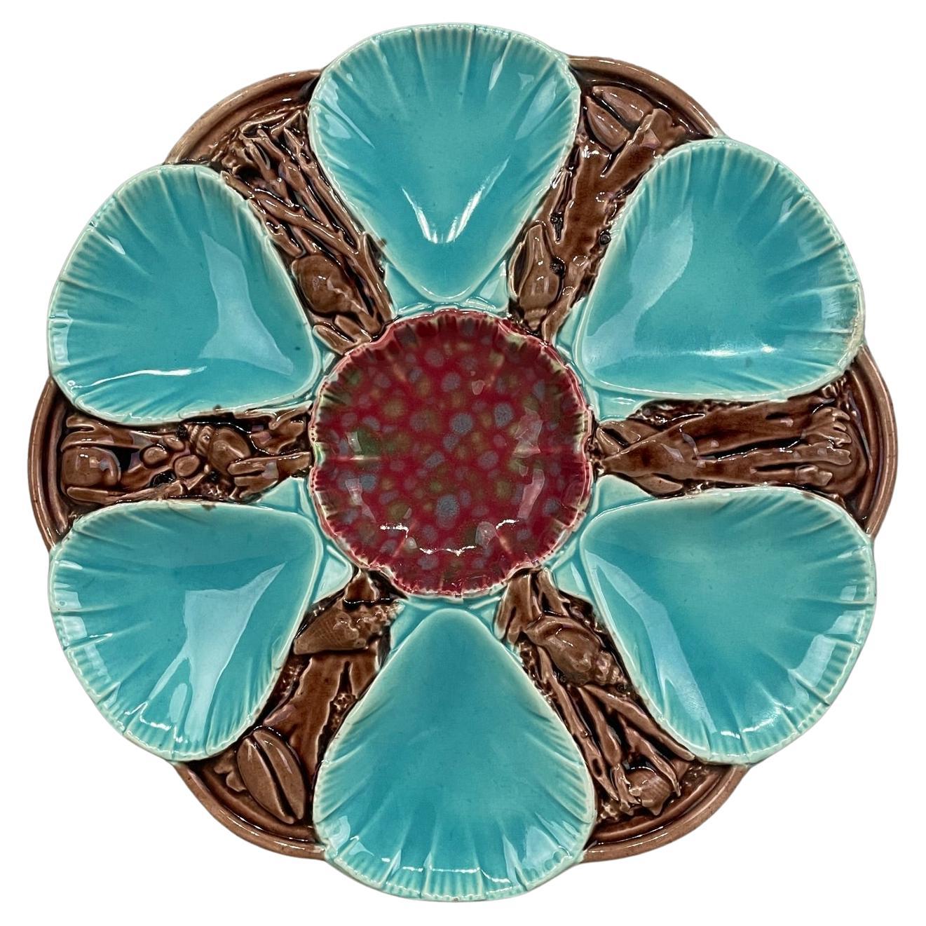 19th C. English Majolica 6 Wells Oyster Plate For Sale