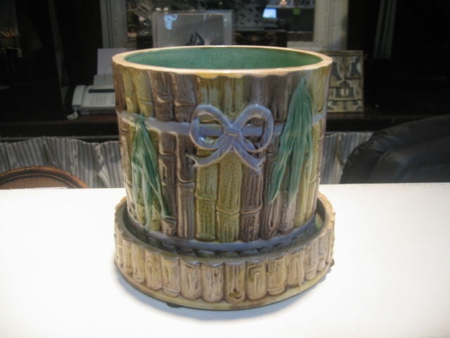Beautifully glazed Majolica planter with bamboo design.