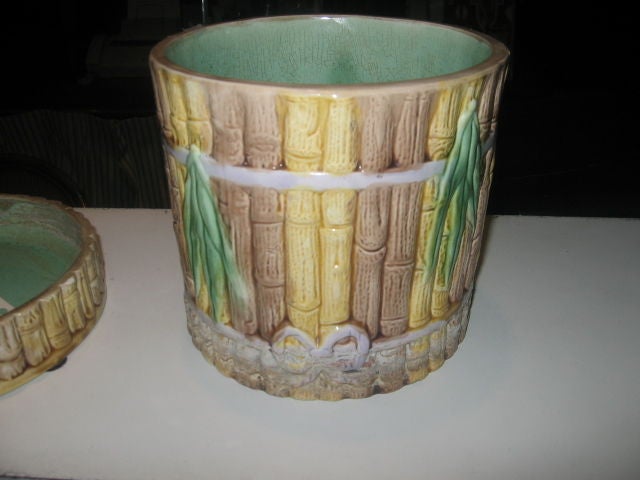 19th Century English Majolica Bamboo Planter with Base For Sale 4