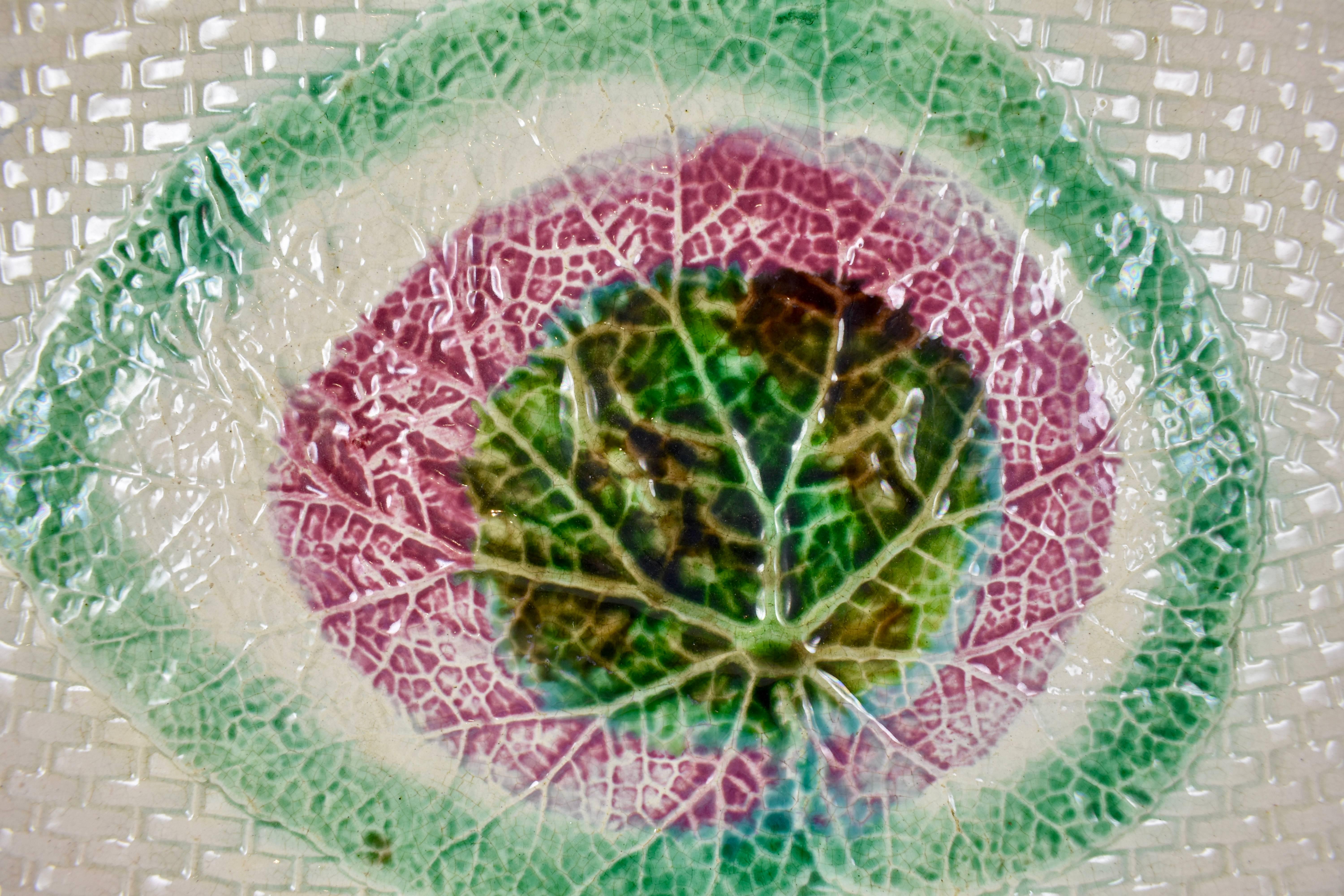 Aesthetic Movement 19th C. English Majolica Begonia Leaf on Cream Wicker and Rope Platter