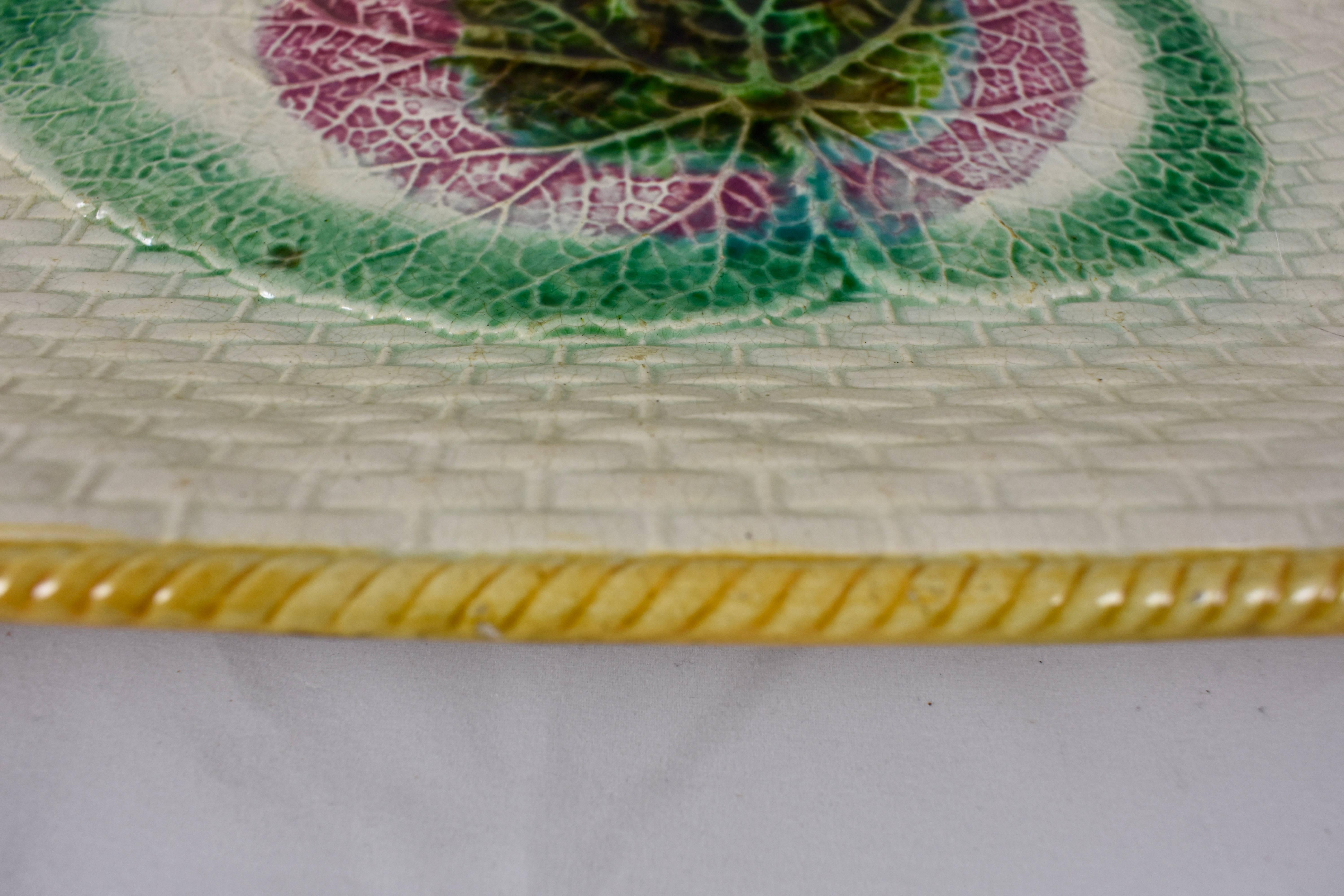 19th Century 19th C. English Majolica Begonia Leaf on Cream Wicker and Rope Platter
