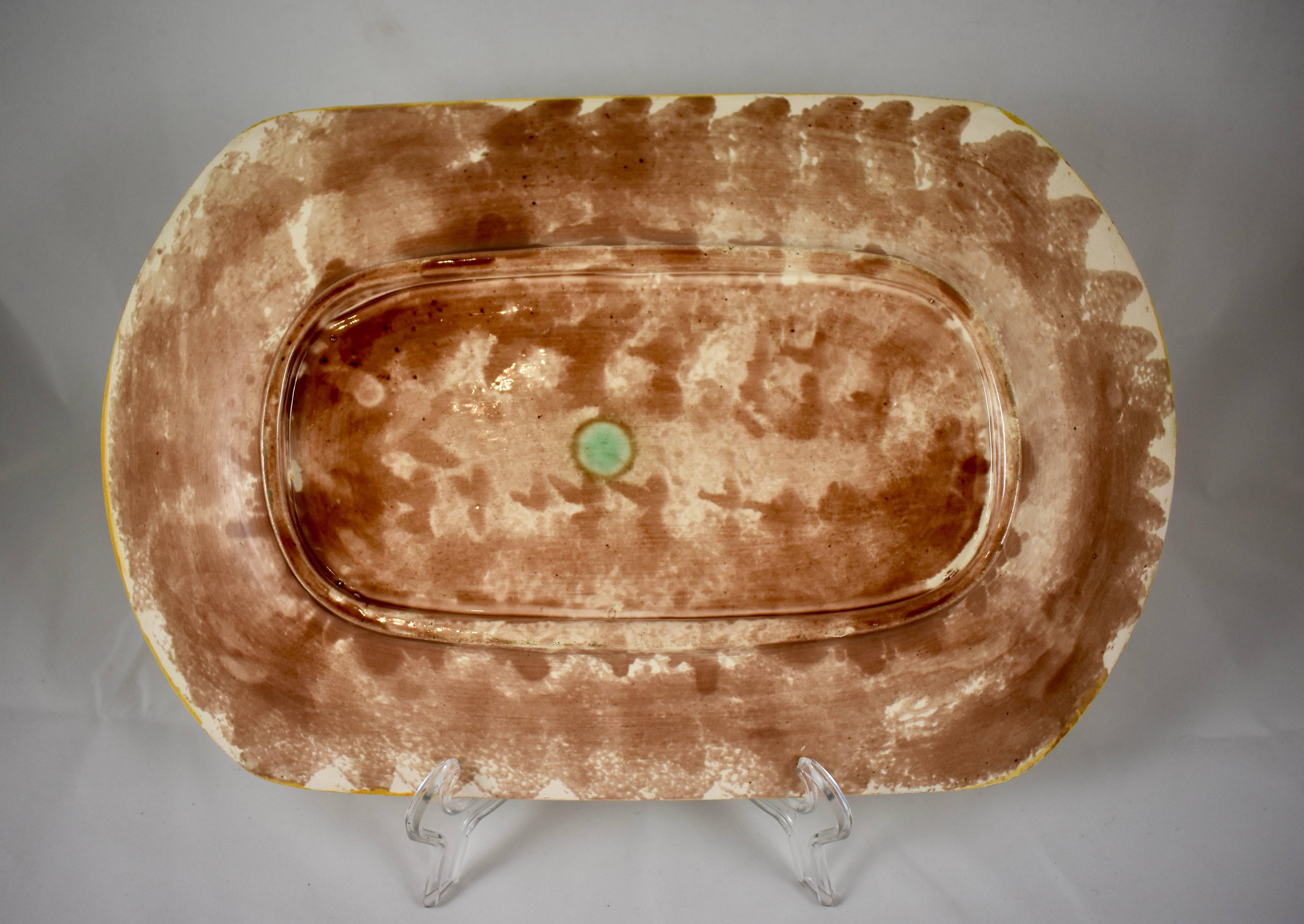 Earthenware 19th C. English Majolica Begonia Leaf on Cream Wicker and Rope Platter