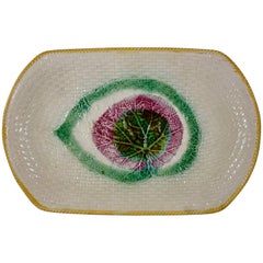 19th C. English Majolica Begonia Leaf on Cream Wicker and Rope Platter