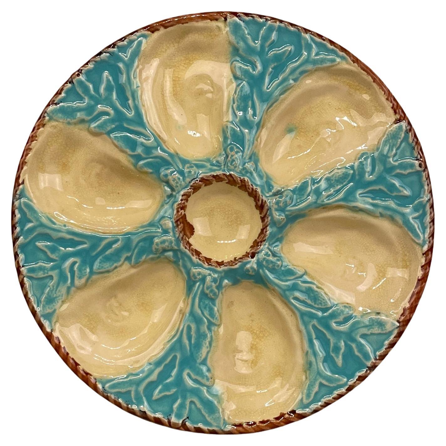 19th C. English Majolica Seaweed Oyster Plate, S. Fielding & Co For Sale