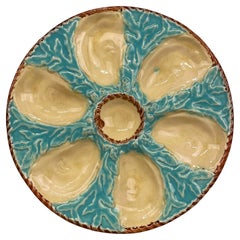 Antique 19th C. English Majolica Seaweed Oyster Plate, S. Fielding & Co