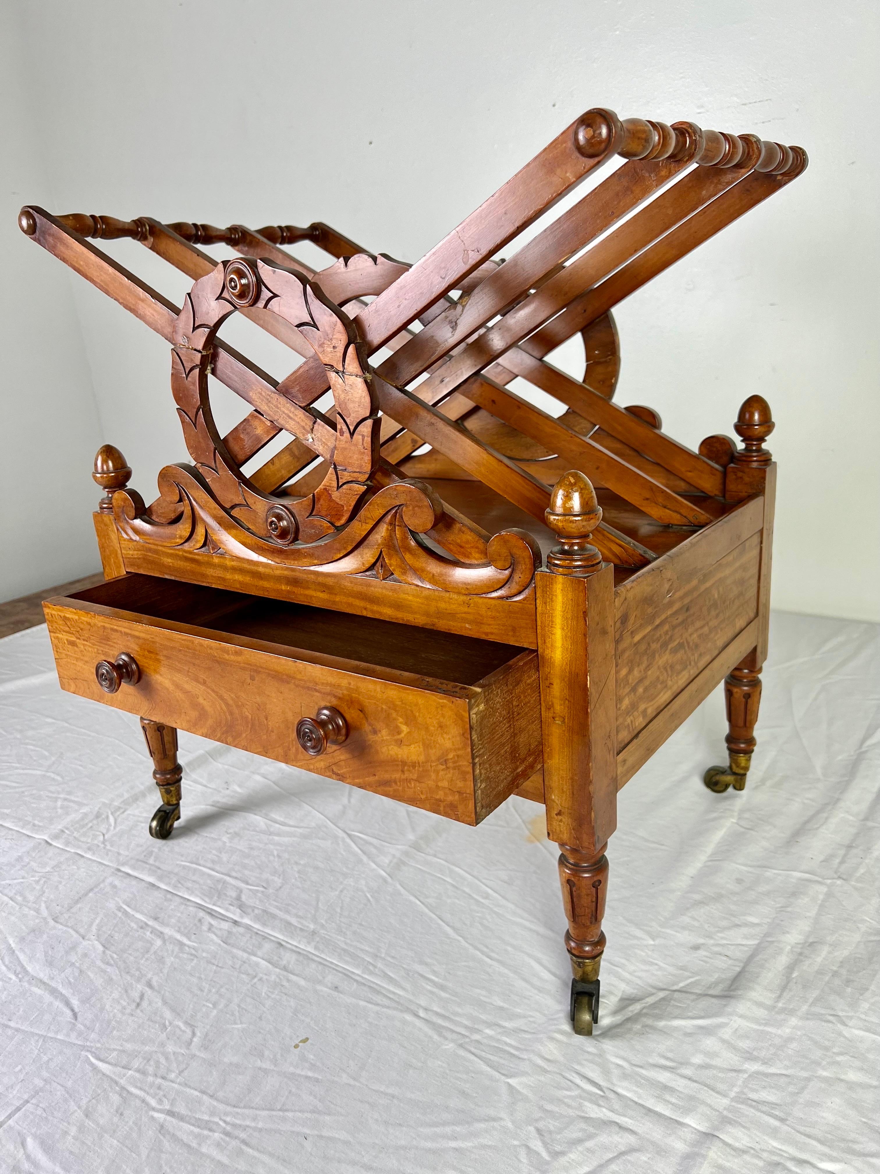 19th C. English Maple Magazine Rack w/ Drawer and Casters For Sale 1