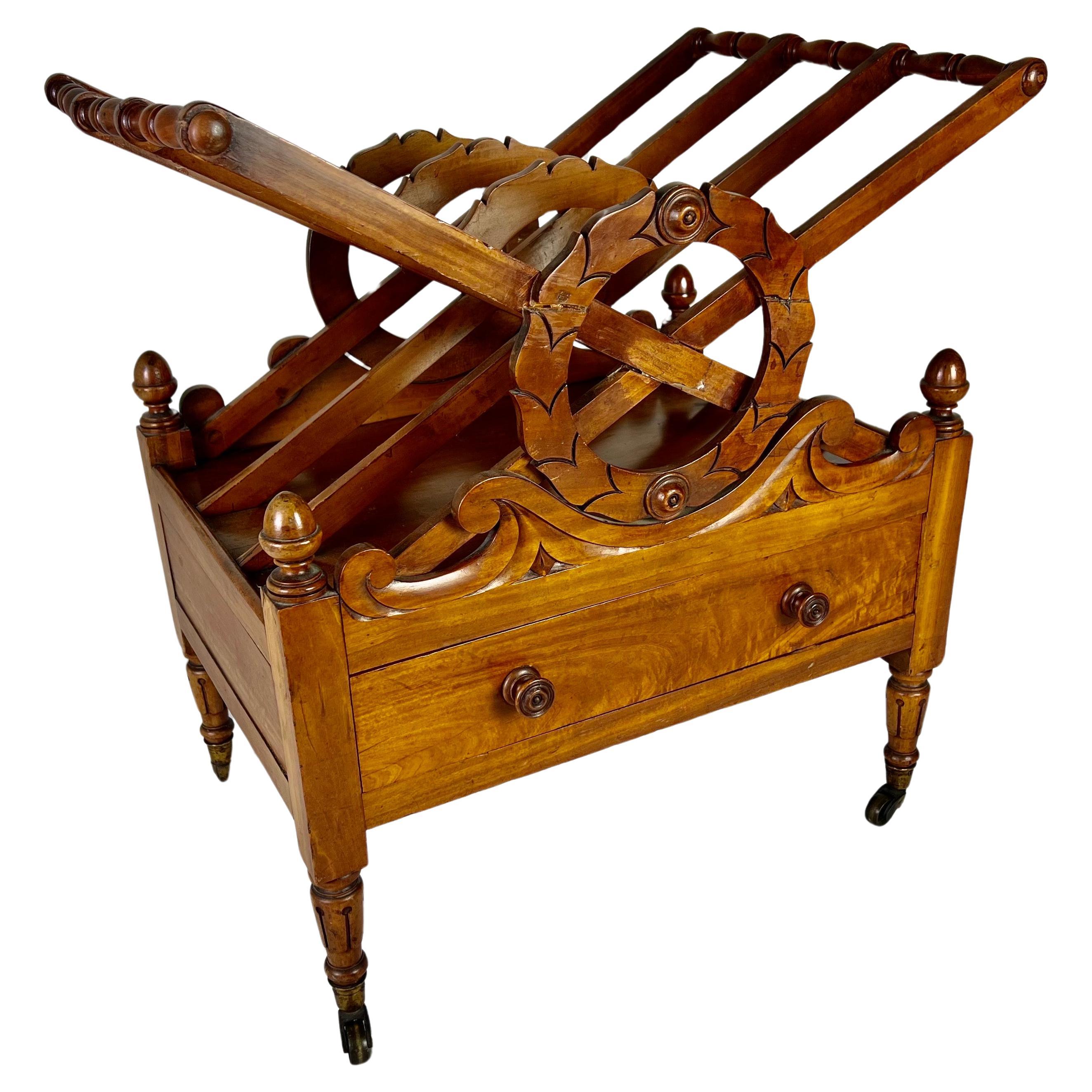 19th C. English Maple Magazine Rack w/ Drawer and Casters For Sale