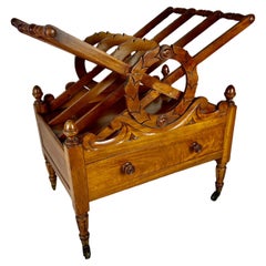 19th C. English Maple Magazine Rack w/ Drawer and Casters
