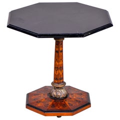 19th Century English Marquetry Side Table with Black Lacquer Top