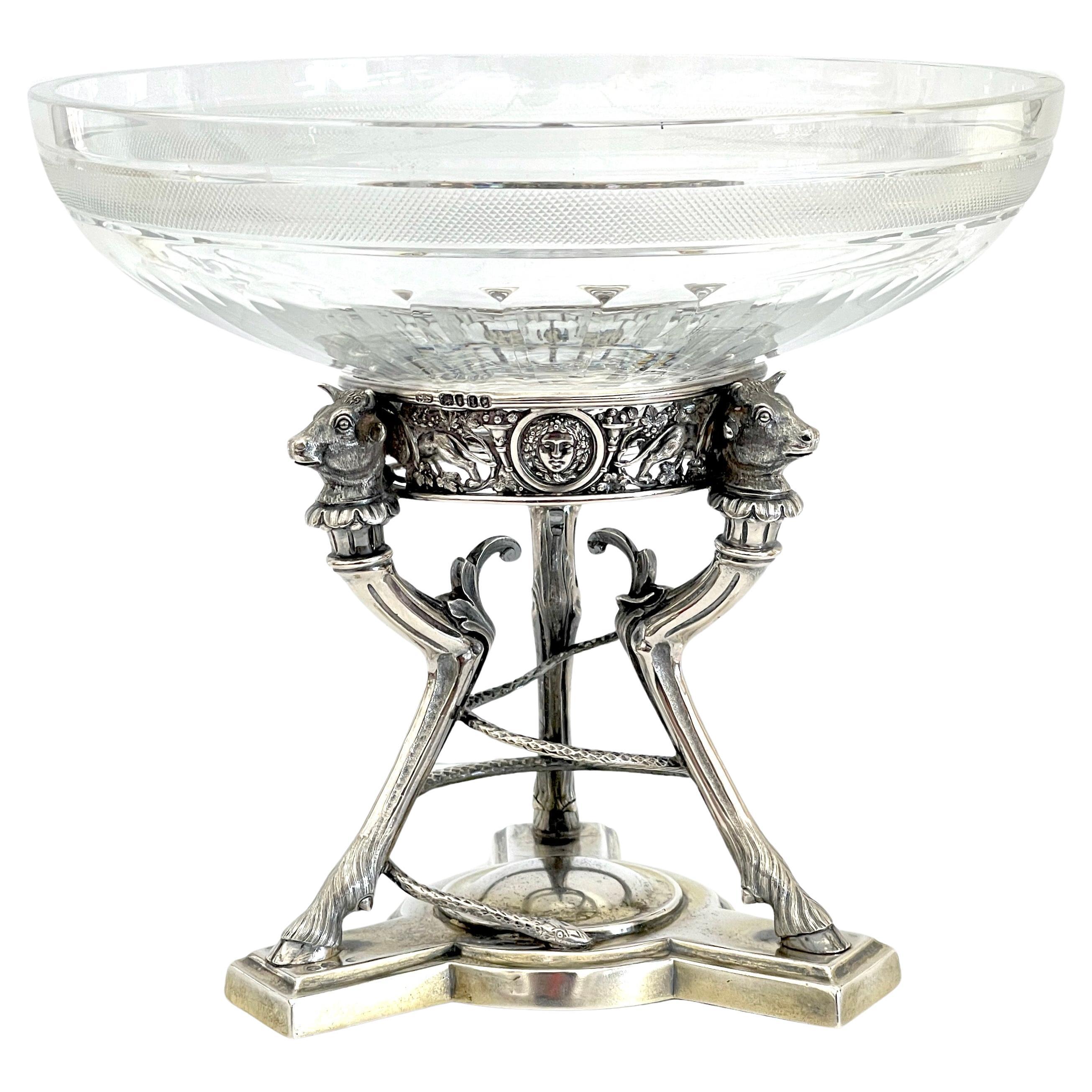 19th C English Sterling Greco-Roman & Cut Glass Centerpiece/Tazza by S. Smith
Hallmarked numerous times for London, 1866 by Stephen Smith Known as important nineteenth-century London silversmith. 

A stunning  19th-century English sterling