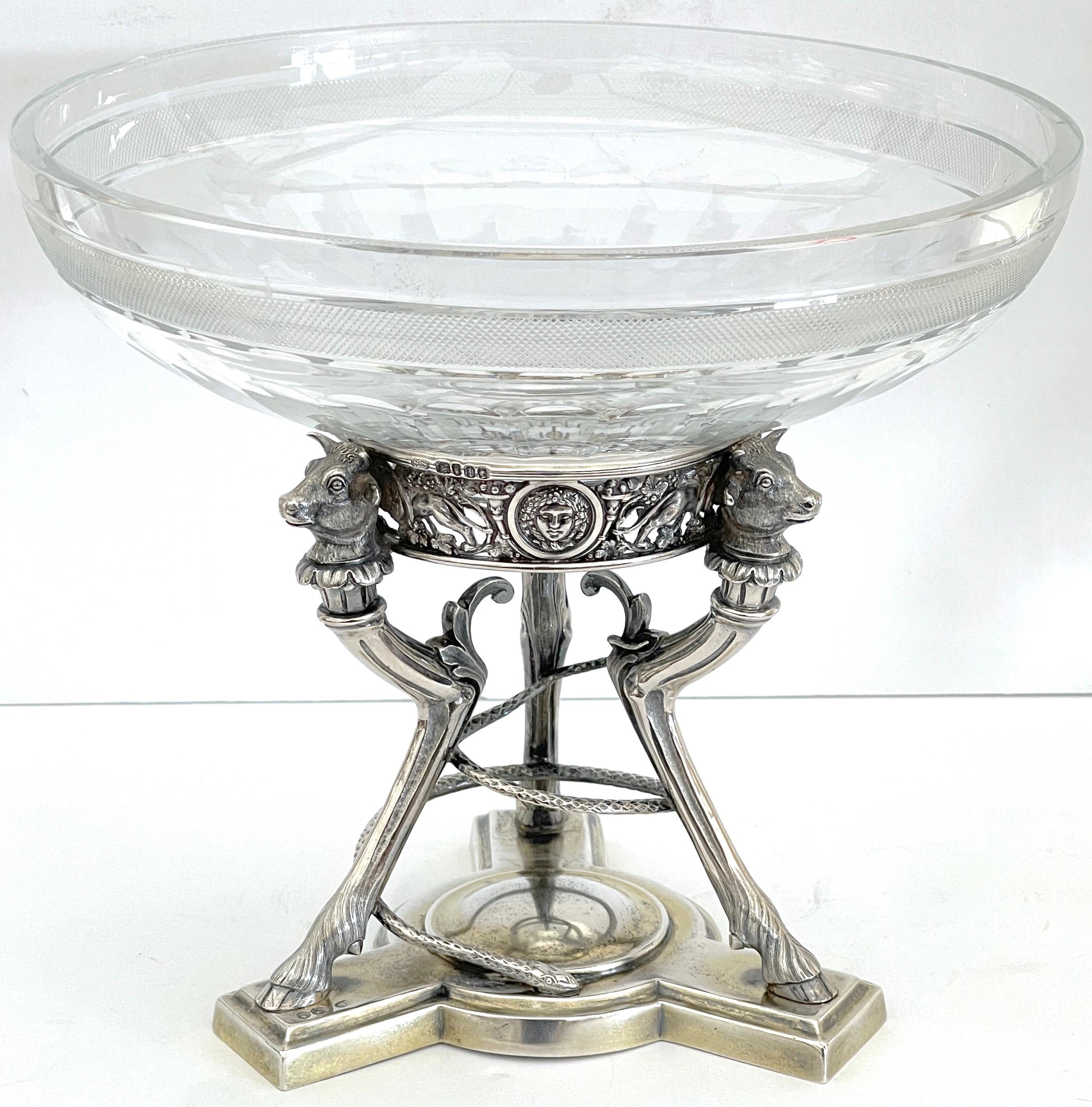 Engraved 19th C English  Neoclassical  Sterling & Cut Glass Centerpiece/Tazza by S. Smith For Sale