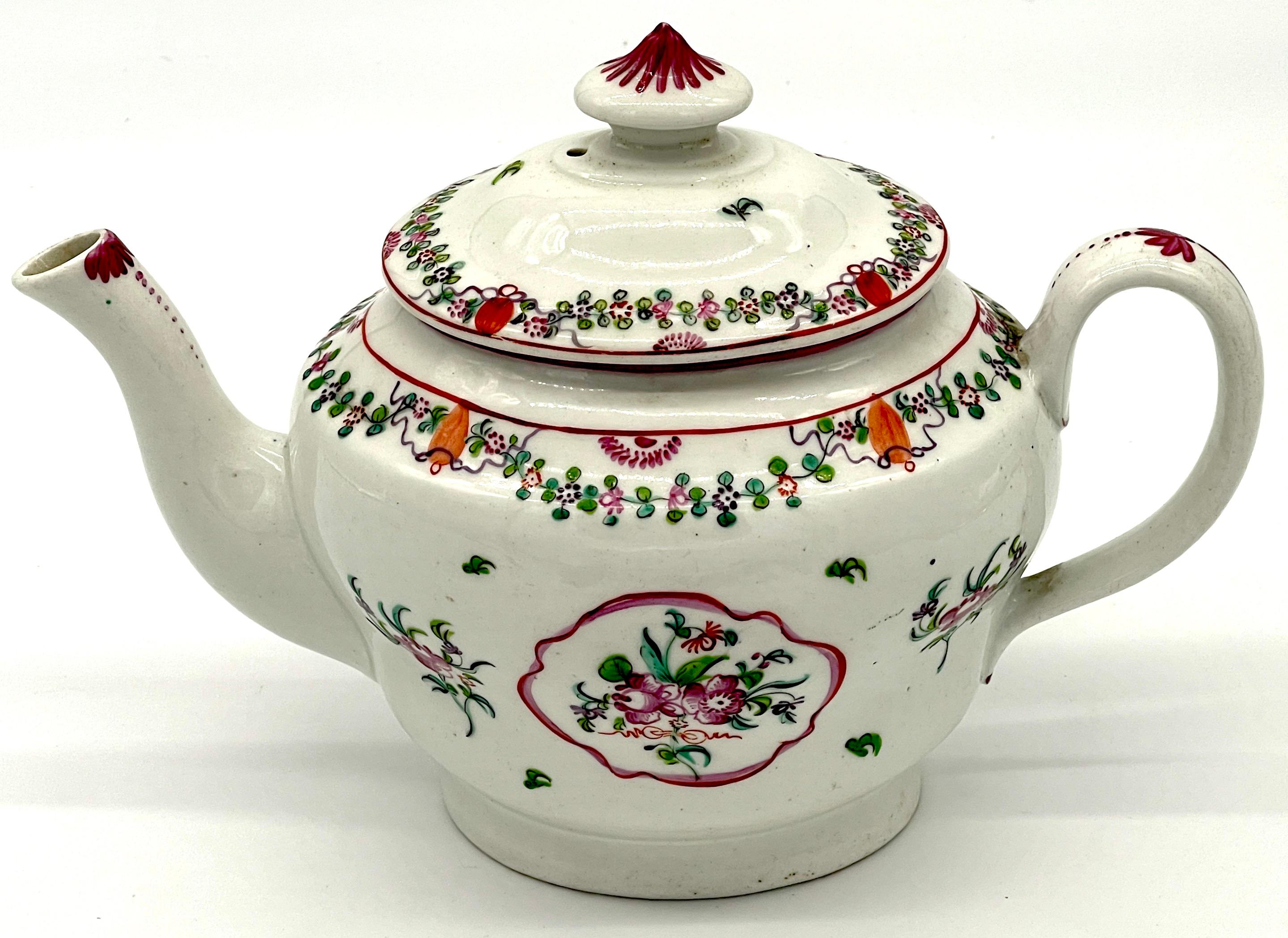 Georgian 19th C English New Hall Hand Painted Teapot & Trivet, Chinese Export Style For Sale