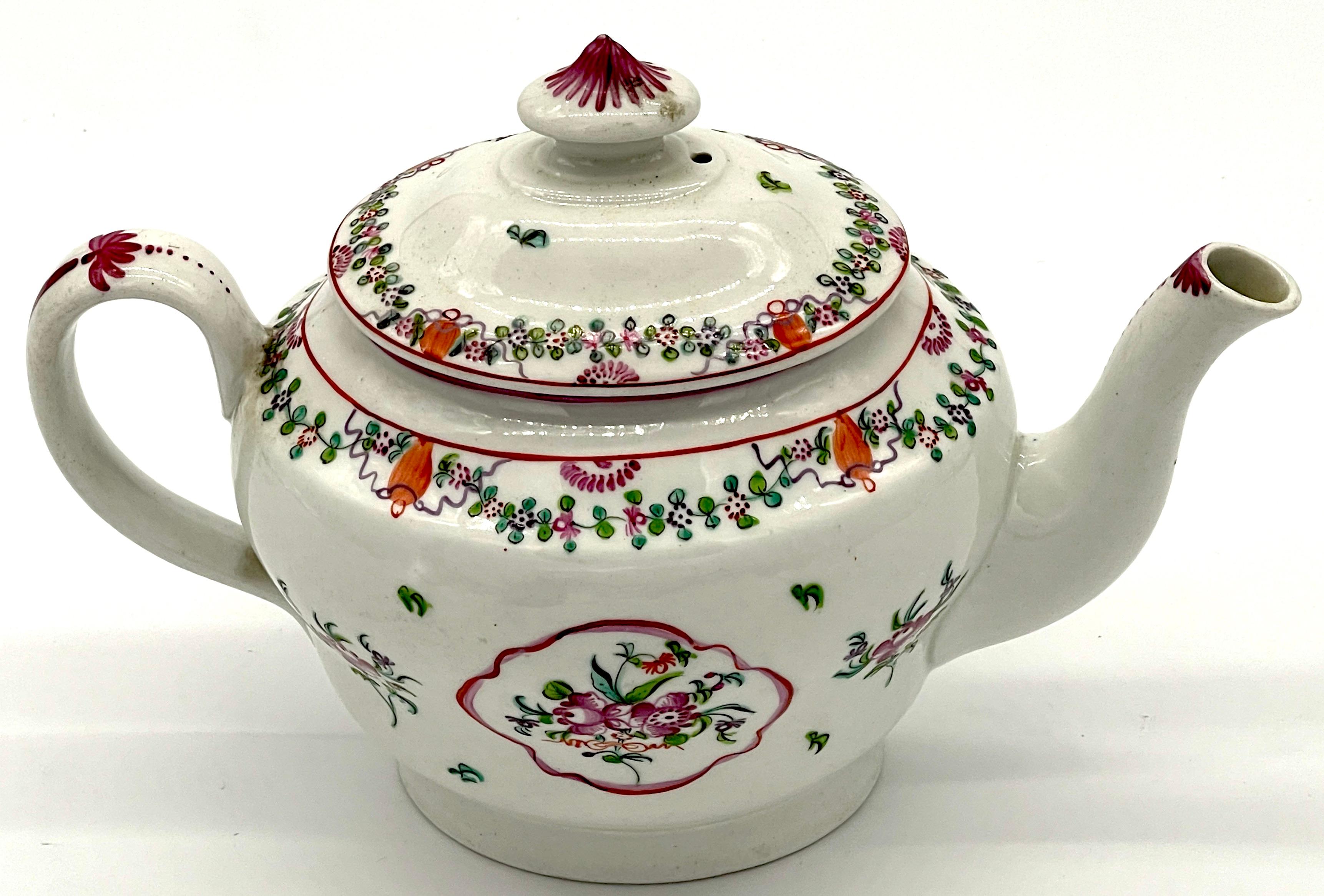 19th Century 19th C English New Hall Hand Painted Teapot & Trivet, Chinese Export Style For Sale
