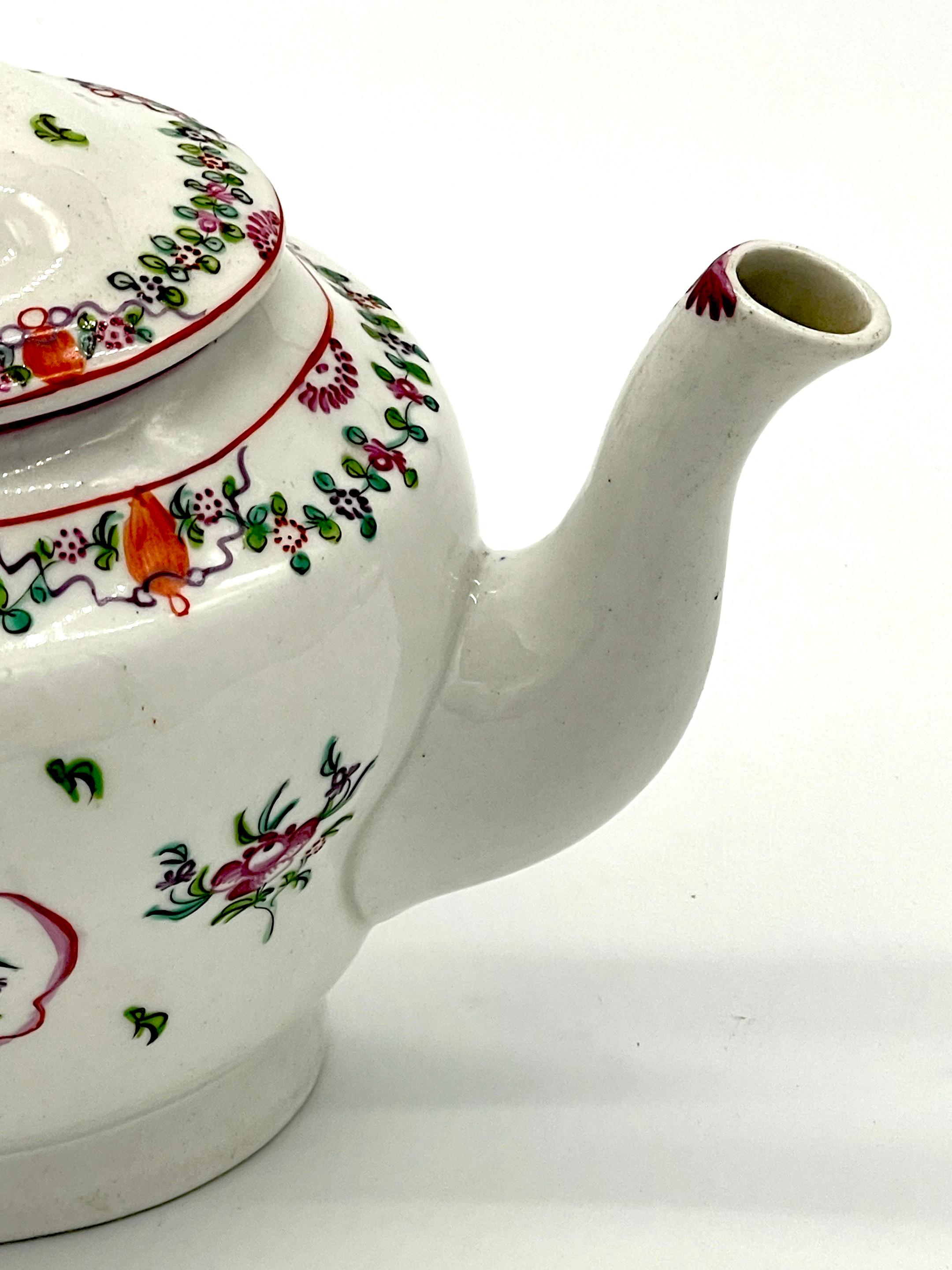 19th C English New Hall Hand Painted Teapot & Trivet, Chinese Export Style For Sale 1