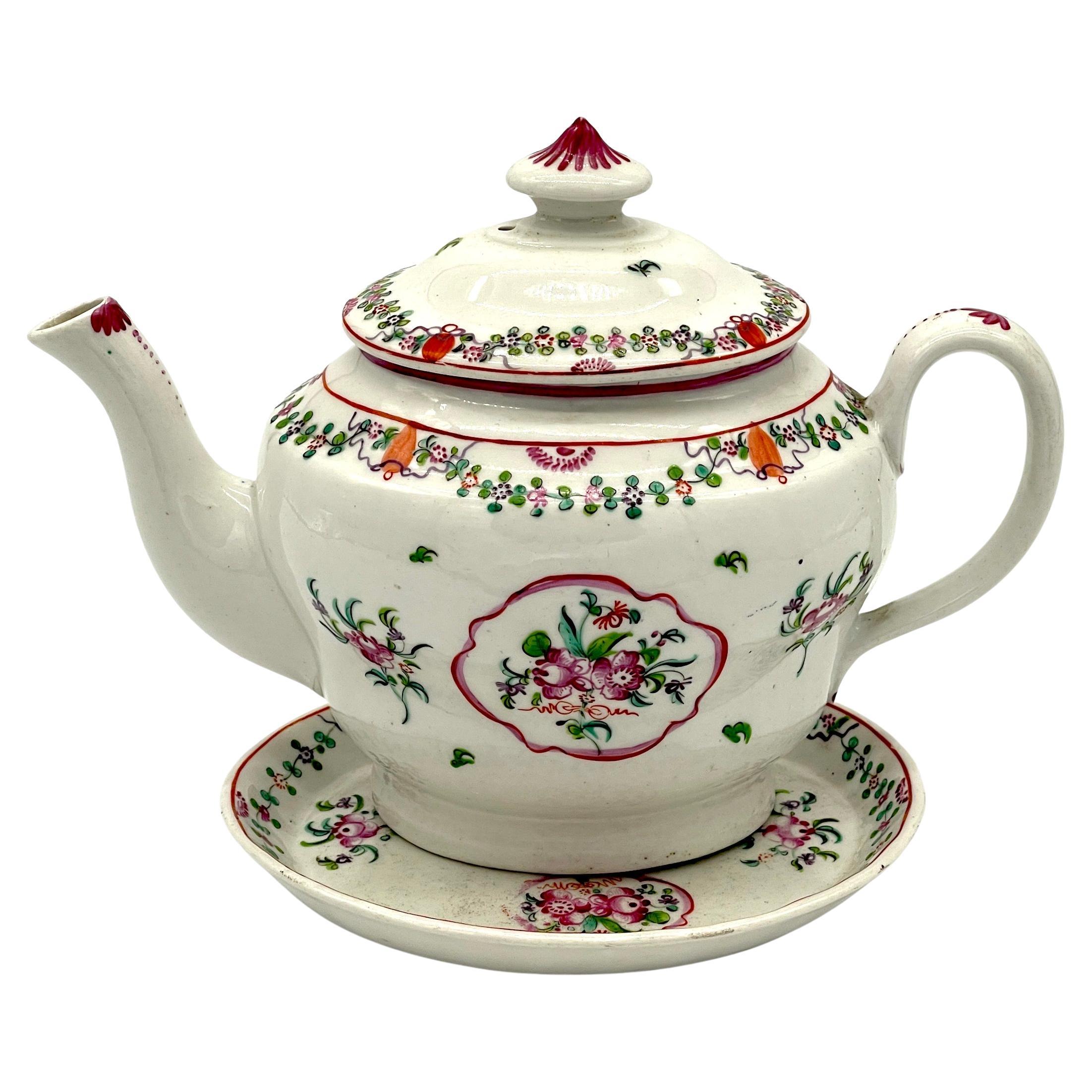 19th C English New Hall Hand Painted Teapot & Trivet, Chinese Export Style For Sale
