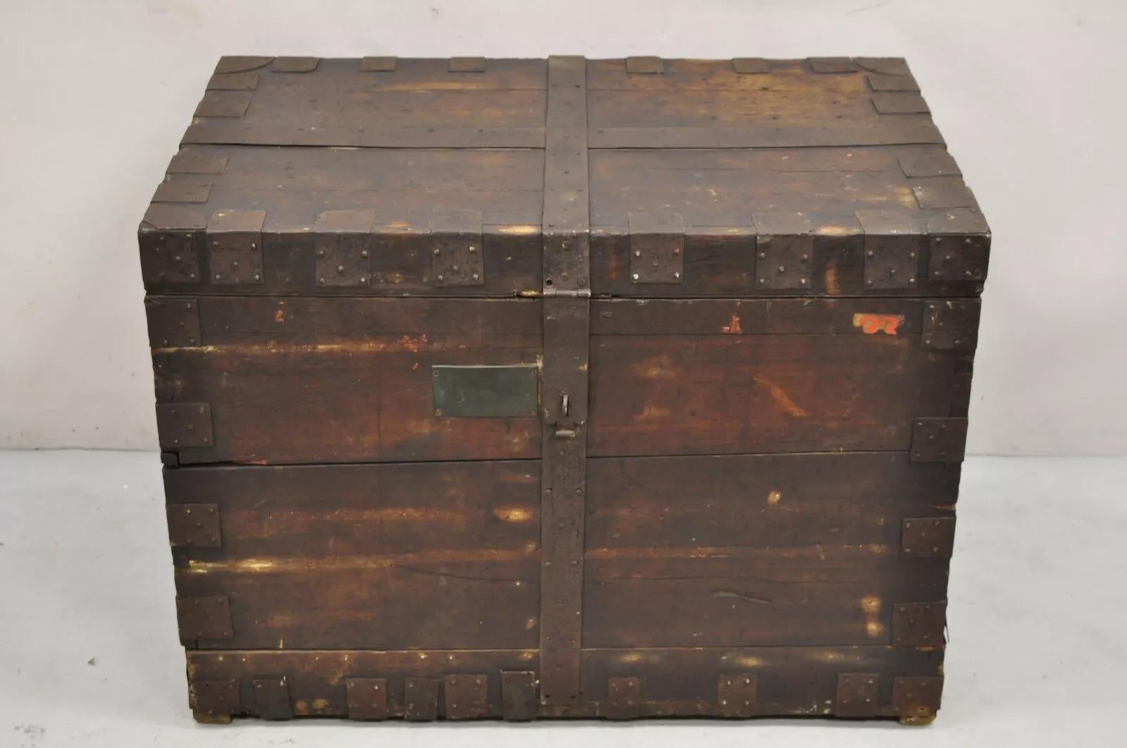 19th C. English Oak Wood and Steel Banded Safe Storage Cabinet Chest Trunk. Circa Mid 19th Century. Measurements: 27