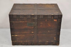 19th C. English Oak Wood and Steel Banded Safe Storage Cabinet Chest Trunk