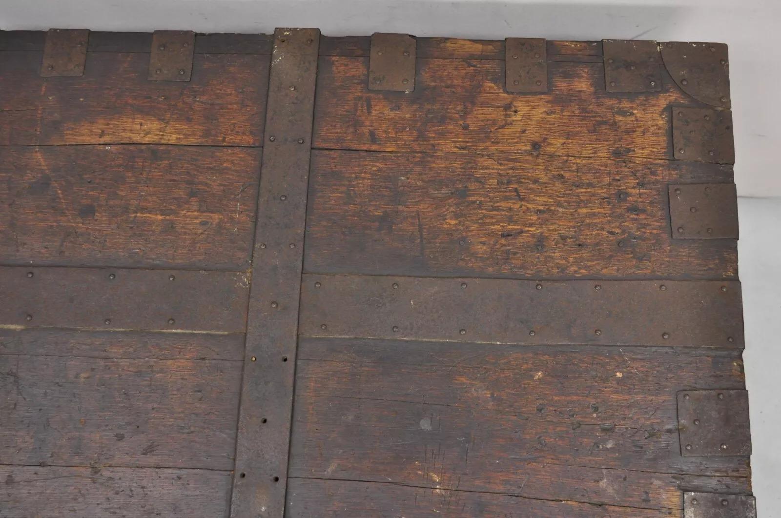 Unknown 19th C. English Oak Wood and Steel Banded Safe Storage Cabinet Chest Trunk For Sale