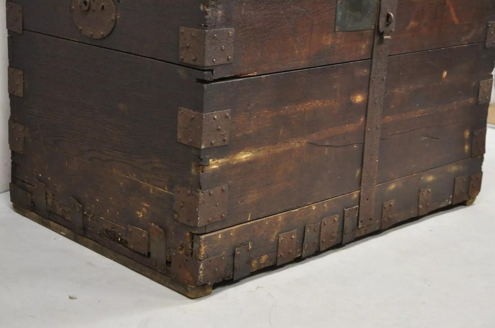 19th Century 19th C. English Oak Wood and Steel Banded Safe Storage Cabinet Chest Trunk For Sale