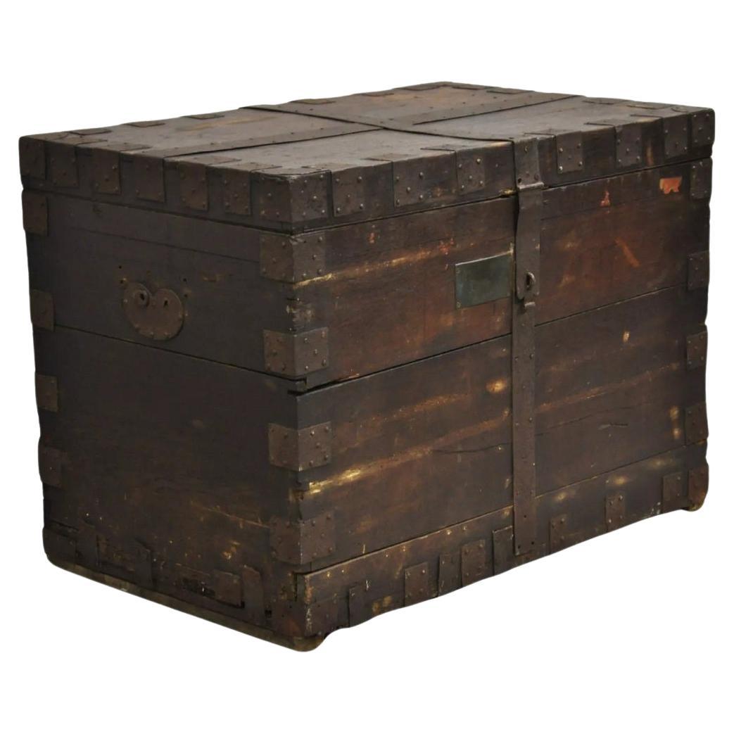 19th C. English Oak Wood and Steel Banded Safe Storage Cabinet Chest Trunk