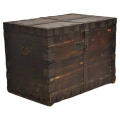 19. Jh. Englischer Eichenholz- und Stahlbandtresor Schrank Truhe Trunk