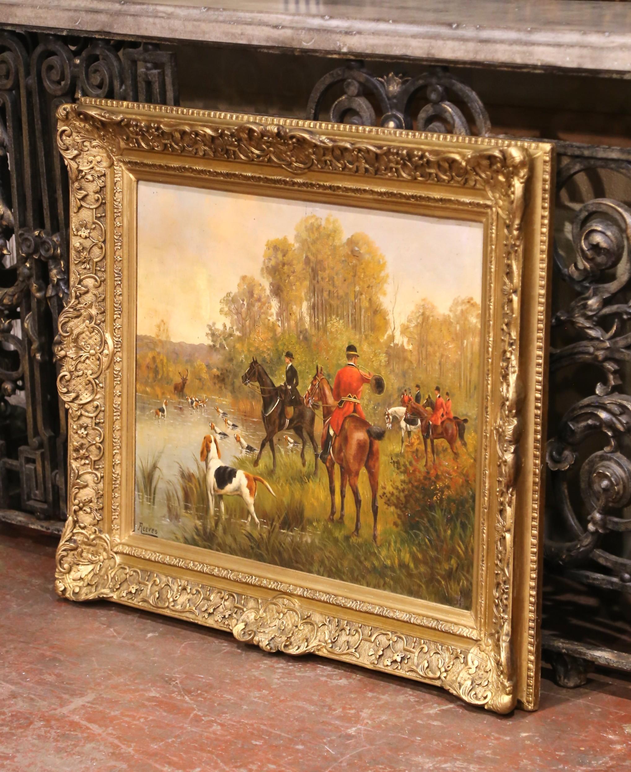 Décorez un bureau, une étude ou un pavillon de campagne avec cette élégante huile antique sur toile. Créée en Angleterre vers 1880 et placée dans son cadre original en bois doré sculpté, l'œuvre d'art capture le rituel intemporel d'une 