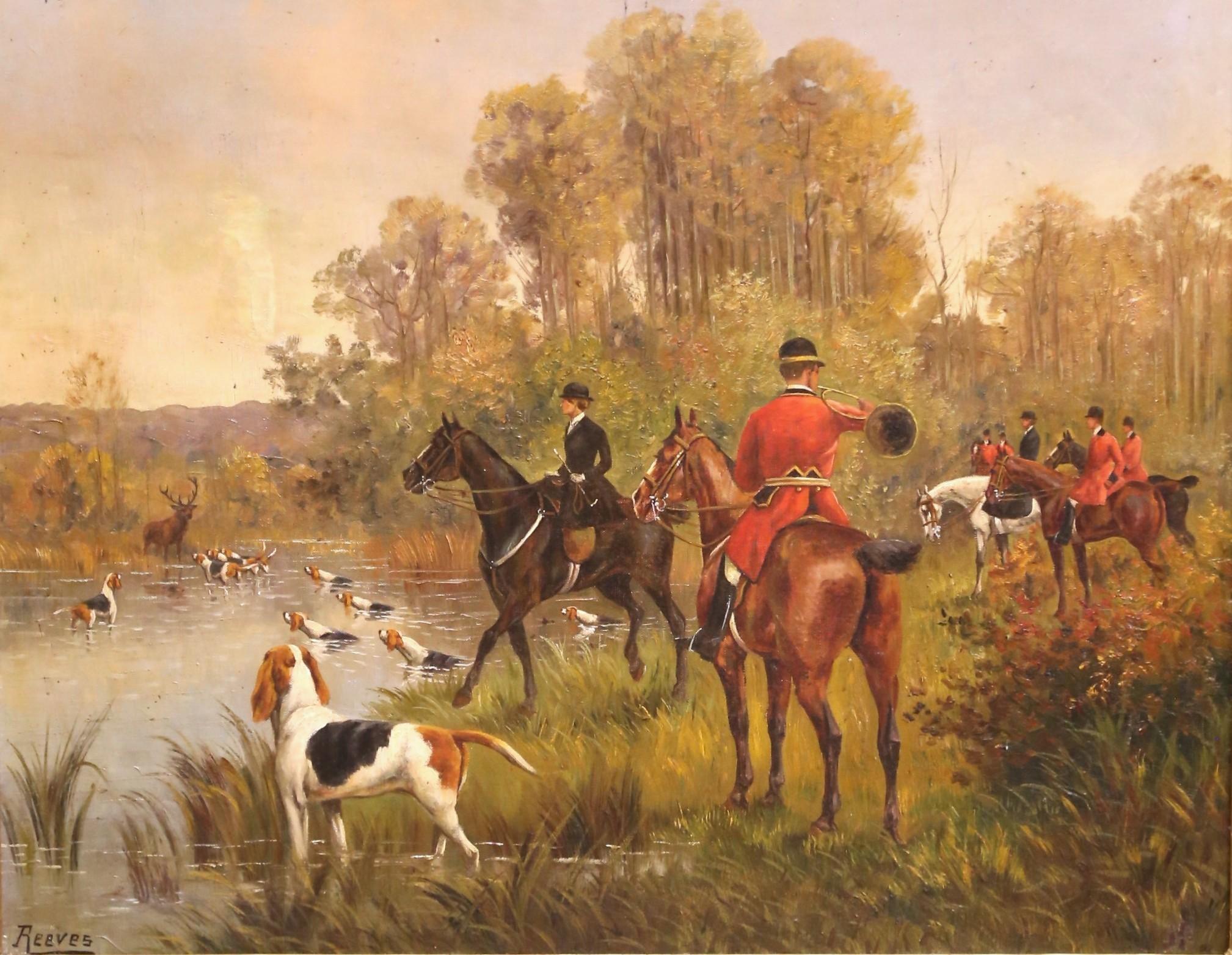 Anglais A.C. English Oil on Canvas Equestrian Hunt Scene in Gilt Frame, Signed Reeves en vente